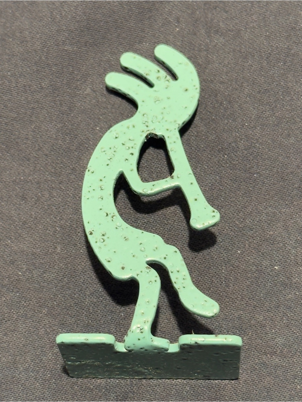 Speckled Green Kokopelli Standing Metal Flute Dancer Music ~5" Figure Statue